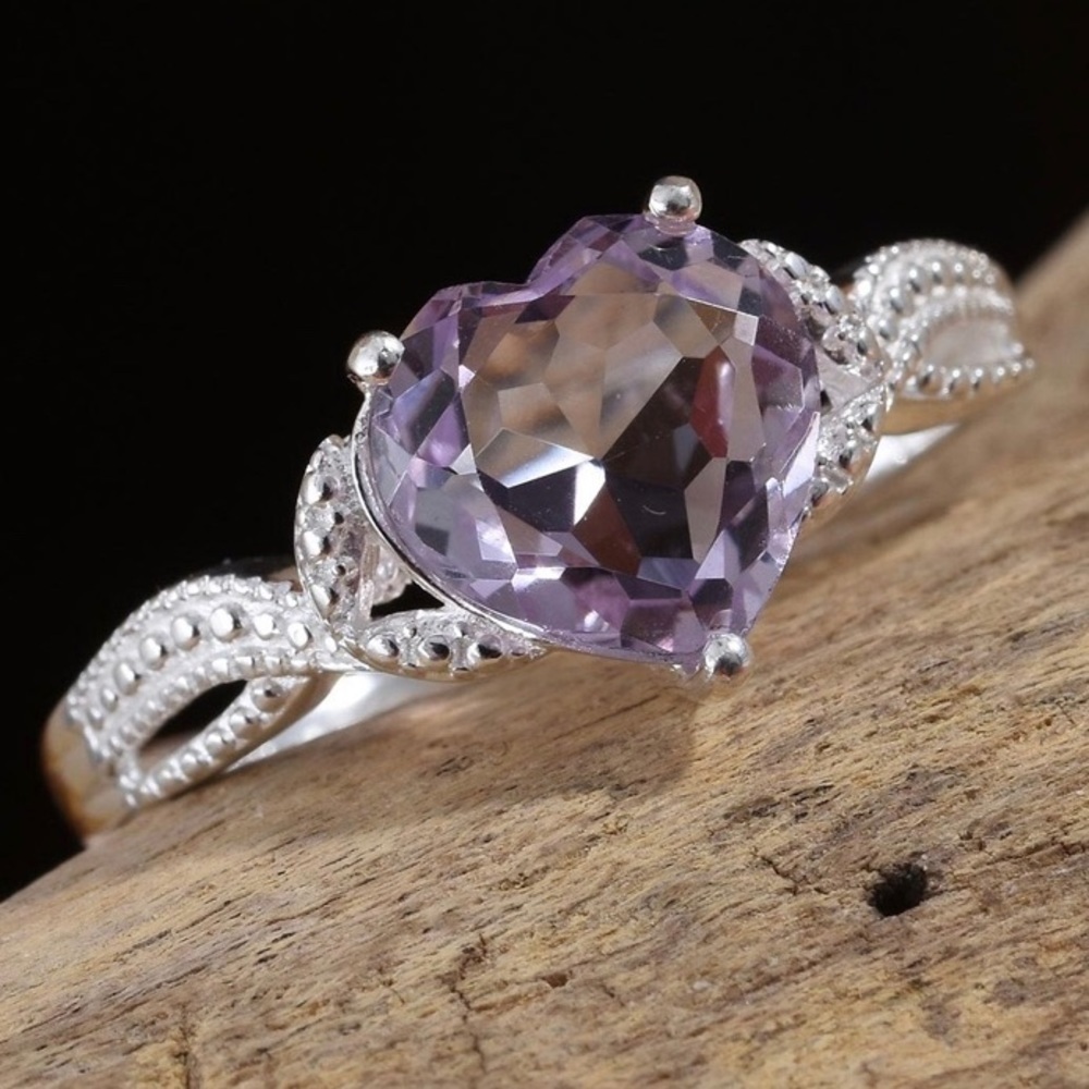 Genuine Rose De France Amethyst Heart Shaped Sterling Silver Ring